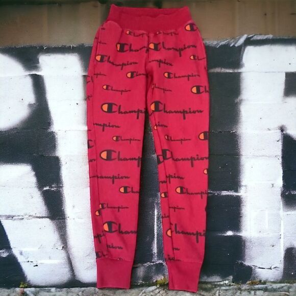 Champion Reverse Weave Joggers S All Over Print Spell Out Red Track Pants Pocket - Picture 8 of 16
